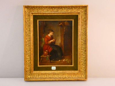 tableau représentant une femme en robe rouge assise sur une chaise