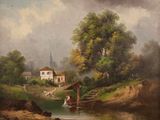 painting of a river scene with a church in the background