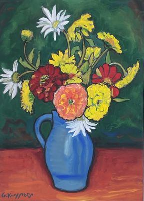 une peinture de fleurs dans un vase bleu sur une table