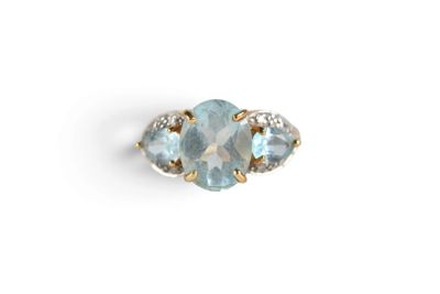 a close up of a ring with two stones on a white surface