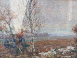 une image d'un tableau représentant un paysage avec des arbres au premier plan