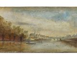 un tableau représentant une scène fluviale avec un pont et des bâtiments