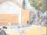 a painting of a group of men playing a game of cricket