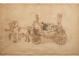an old drawing of a horse drawn carriage with people in it