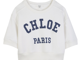 sweat-shirt court blanc avec un logo et un nom bleu marine sur le devant