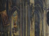 a painting of a church with a stained glass window