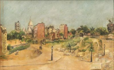 painting of a view of a town with a church in the distance