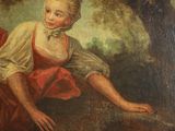 painting of a young girl in a red dress sitting in a wooded setting