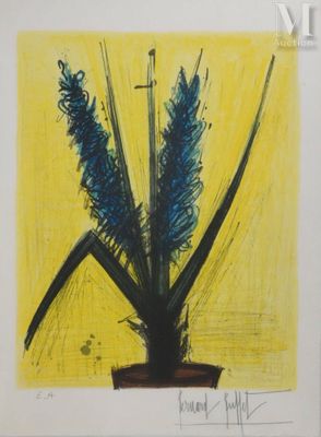 peinture représentant des fleurs bleues dans un pot sur fond jaune