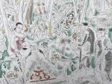 un dessin représentant un groupe de personnes dans une forêt