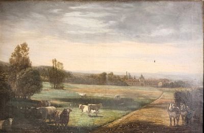 painting of a landscape with cattle in a field and a village in the distance