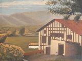 un tableau représentant une grange au milieu d'un champ