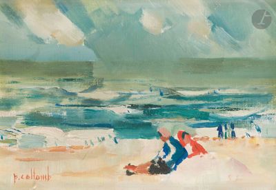 un tableau représentant deux personnes sur la plage, au bord de l'eau