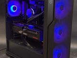 a black computer case with blue lights on it