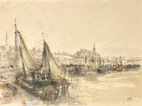 drawing of a boat in a harbor with a city in the background