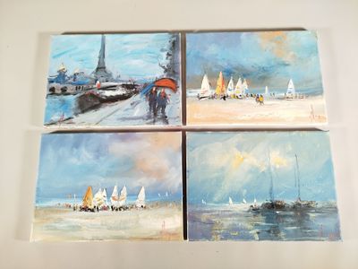 quatre tableaux représentant une scène de plage avec des voiliers et des personnes sous des parasols