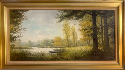 an oil painting of a boat on a river in a wooded area