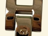 a close up of a metal buckle on a white background