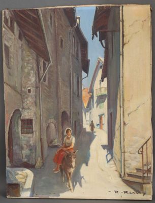 tableau représentant une femme chevauchant un âne dans une ruelle étroite