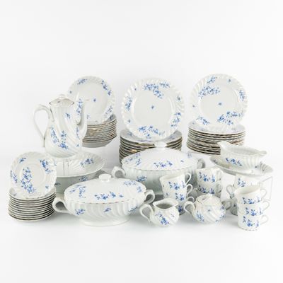 beaucoup d'assiettes, de tasses et de soucoupes bleues et blanches