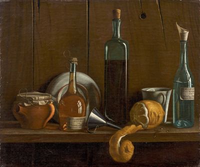 une peinture représentant une nature morte avec une bouteille de vin et d'autres objets
