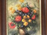 an oil painting of a vase of flowers on a table