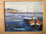 a painting of boats in the water by the shore