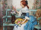 tableau représentant une femme assise sur un banc, tenant un panier de fleurs
