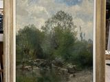 an oil painting of a river with trees and rocks in the foreground