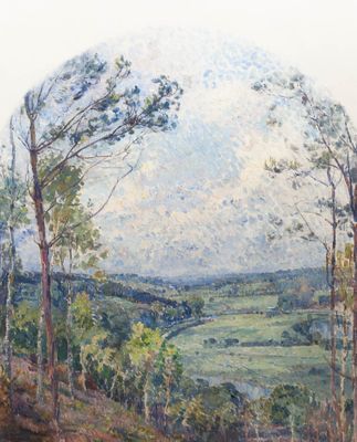 an image of a painting of a landscape with trees in the foreground
