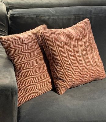 two pillows on a couch in a living room with a gray couch