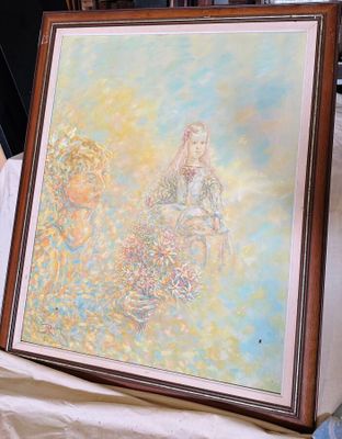 un tableau représentant une femme assise sur une chaise près d'une bibliothèque