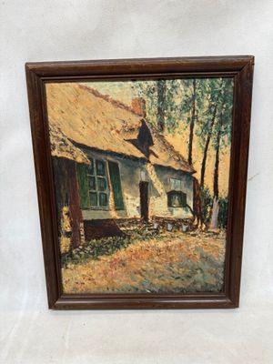 une peinture à l'huile représentant une maison devant laquelle se trouve un cheval