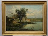 une peinture à l'huile représentant un paysage fluvial avec une maison et des arbres
