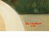 an oil painting of a white surfboard sitting on top of a sandy beach