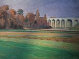 a painting of a painting of a bridge in a field