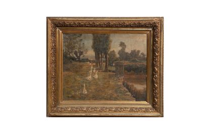 une peinture à l'huile représentant des vaches dans un champ, avec des arbres en arrière-plan