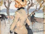 an image of a painting of a woman walking down a street