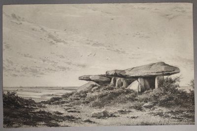 dessin représentant un Stonehenge situé sur une colline surplombant un plan d'eau