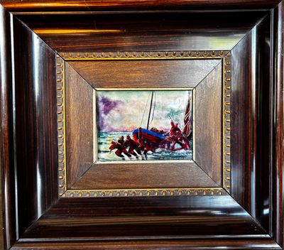framed picture of a painting of a man on a horse drawn carriage