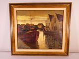 an oil painting of boats in a harbor with buildings in the background