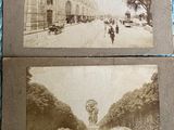 two old black and white photos of a fountain in a park