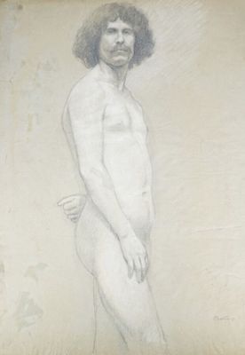 dessin représentant un homme aux cheveux bouclés debout devant un mur blanc