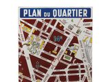 map of plan du quartier in red and white with blue lettering