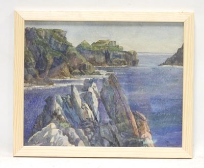 a picture of a painting of a cliff by the water