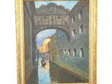 an oil painting of a boat passing under a bridge on a river