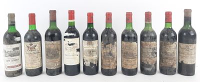 six bottles of wine are lined up in a row on a white surface
