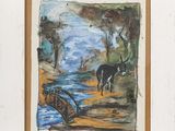 a picture of a painting of a horse by the water