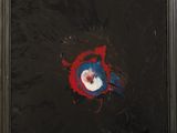 an oil painting of a red and blue circle on a black background