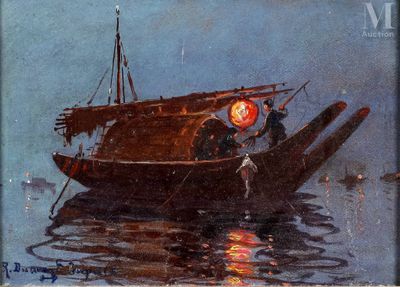 une peinture représentant un bateau dans l'eau avec des personnes à bord